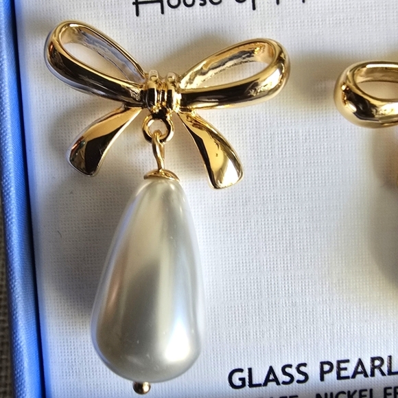 House of Harlow 1960 Earrings Glass Pearl Drop Bow Gold Dangle - Picture 2 of 4